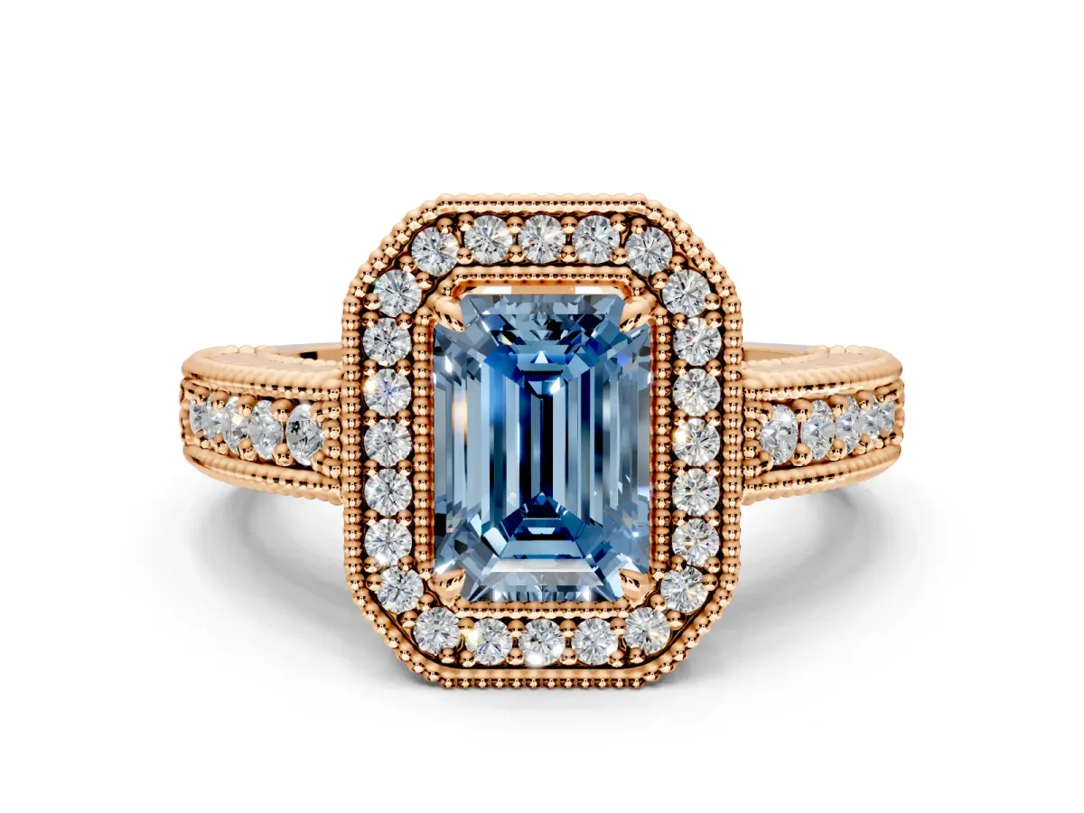 Milgrain Halo Engagement Ring Setting for Fancy Blue Emerald Cut Center with Pave Band and Prong Head in Rose Gold