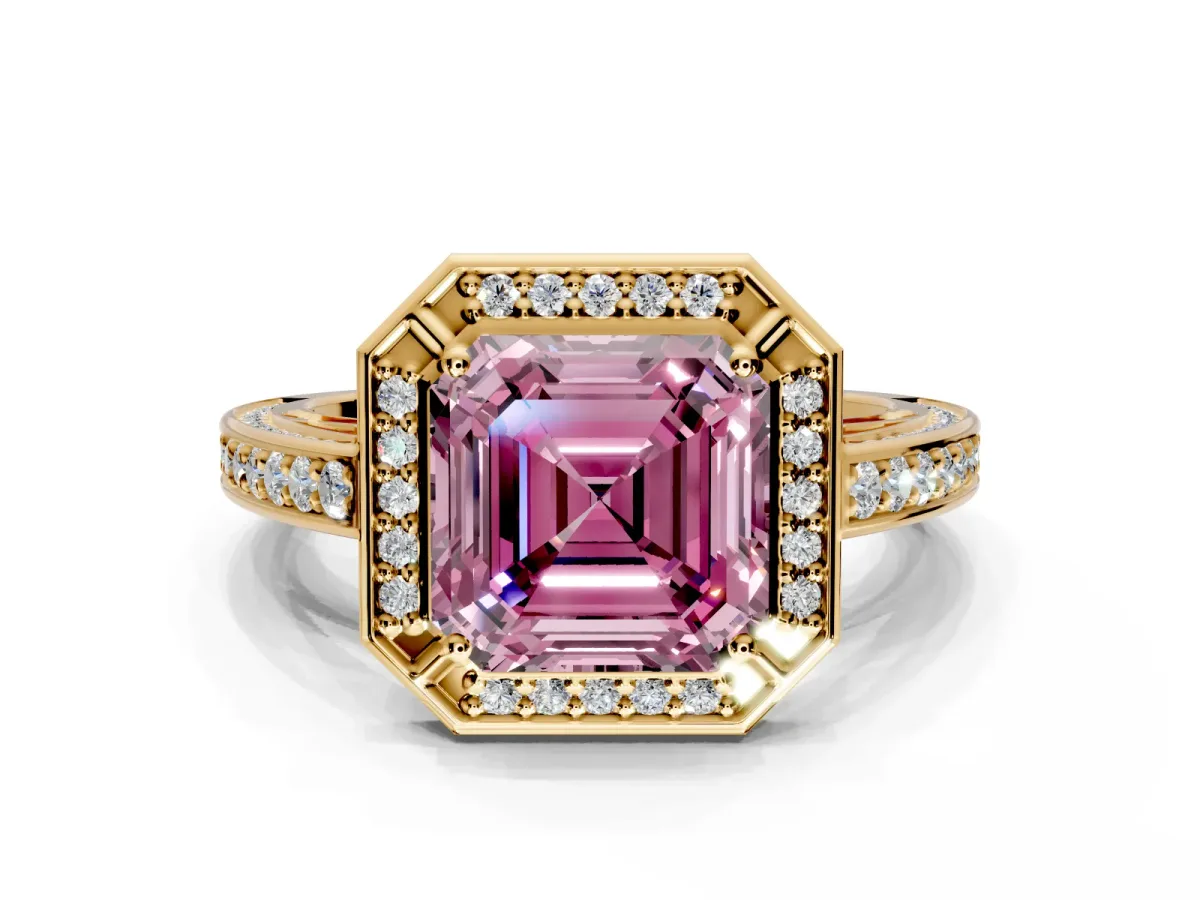 Halo Engagement Ring Setting for Fancy Pink Asscher Cut Center with Framed Halo, Pave Band and Prong Head in Yellow Gold