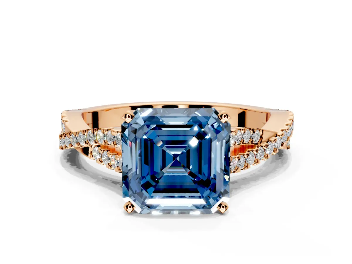 Solitaire Engagement Ring Setting for Fancy Blue Asscher Cut Center with Twisted Pave Split Shank and Prong Head in Rose Gold