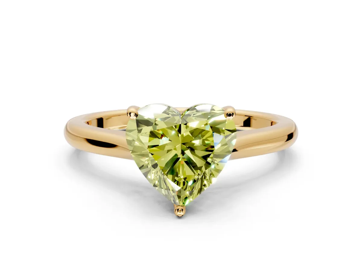 Solitaire Engagement Ring Setting for Fancy Yellow Heart-Shaped Center with Narrow Cathedral Band and Prong Head in Yellow Gold