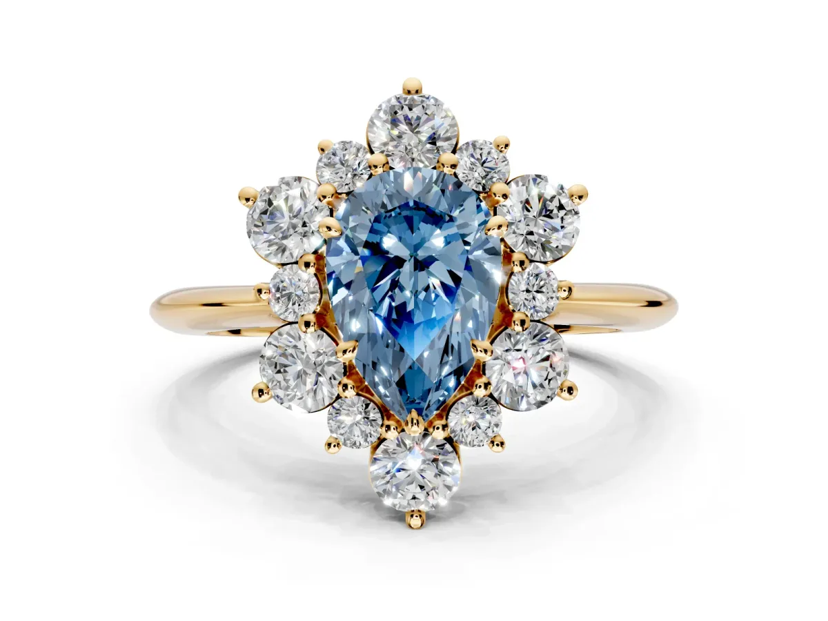 Small-Accent Cluster Halo Engagement Ring Setting for Fancy Blue Pear-Shaped Center with Plain Band and Prong Head in Yellow Gold
