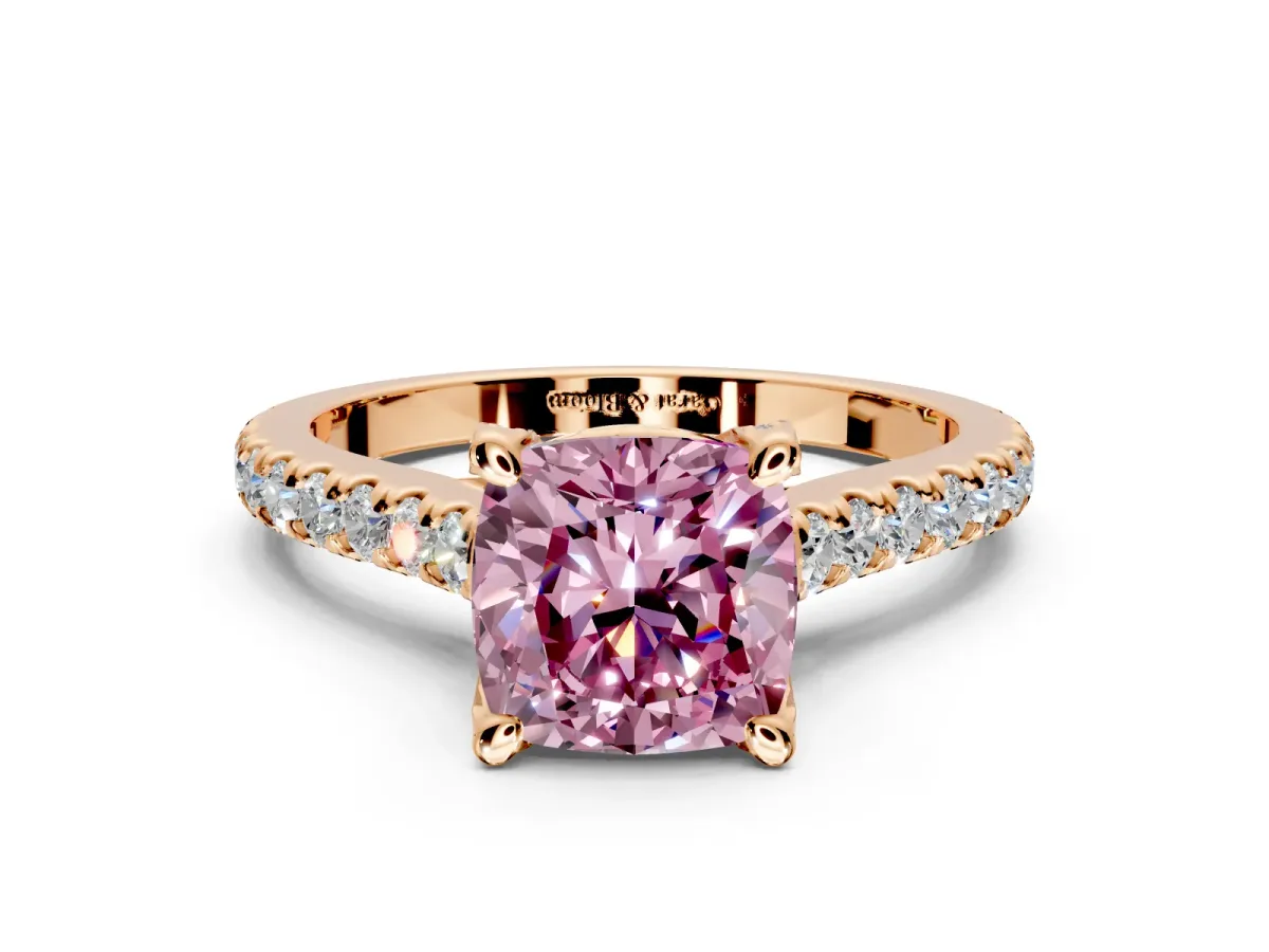 Solitaire Engagement Ring Setting for Fancy Pink Cushion Cut Center with Widening Pave Band and Claw Prong Head in Rose Gold