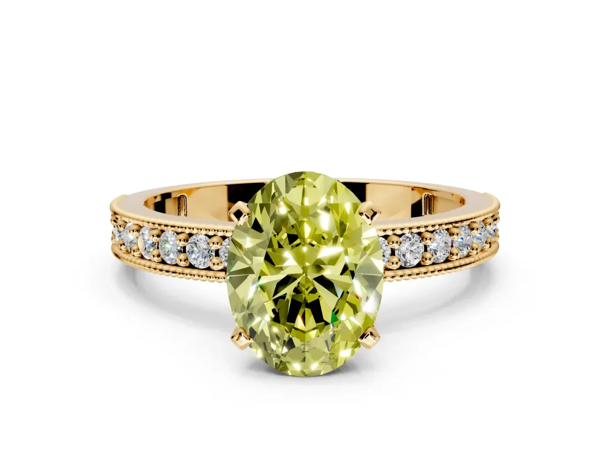 Milgrain Pave Engagement Ring Setting for Fancy Yellow Oval Center with Accent Band and Prong Head in Yellow Gold