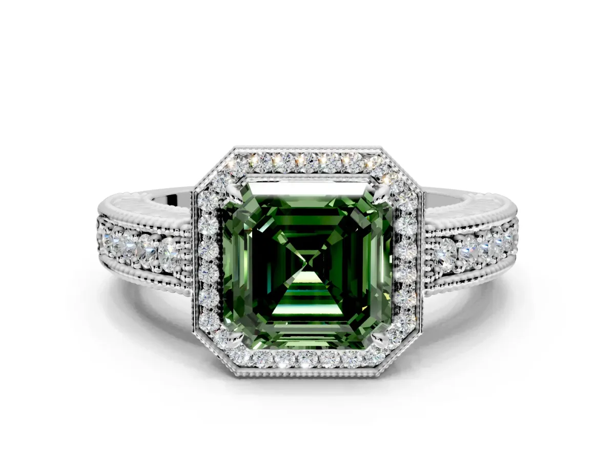 Milgrain Halo Engagement Ring Setting for Fancy Green Asscher Cut Center with Pave Band and Prong Head in Sterling Silver