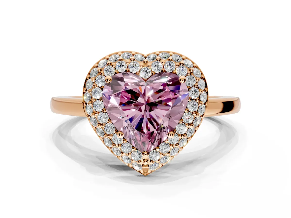 Halo Engagement Ring Setting for Fancy Pink Heart-Shaped Center with Plain Tapered Band and Prong Head in Rose Gold
