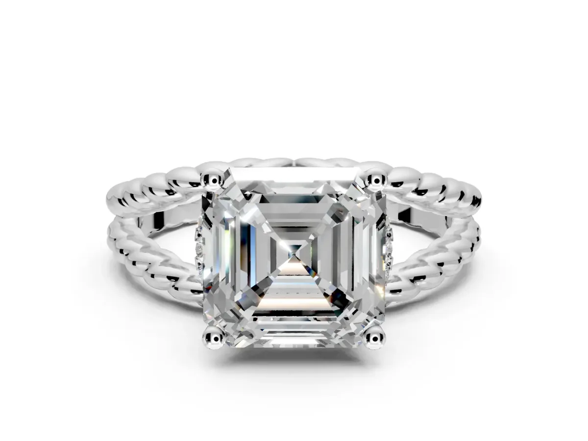 Halo Engagement Ring Setting for Asscher Cut Center with Rope Twist Split Shank and Prong Head in Platinum
