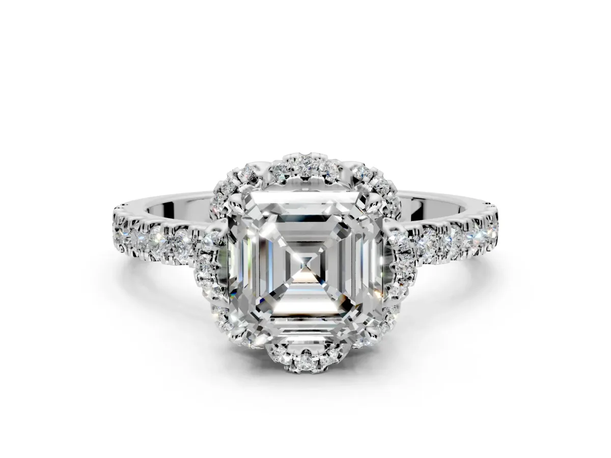 Halo Engagement Ring Setting for Asscher Cut Center with Openwork Halo, Pave Band and Prong Head in White Gold