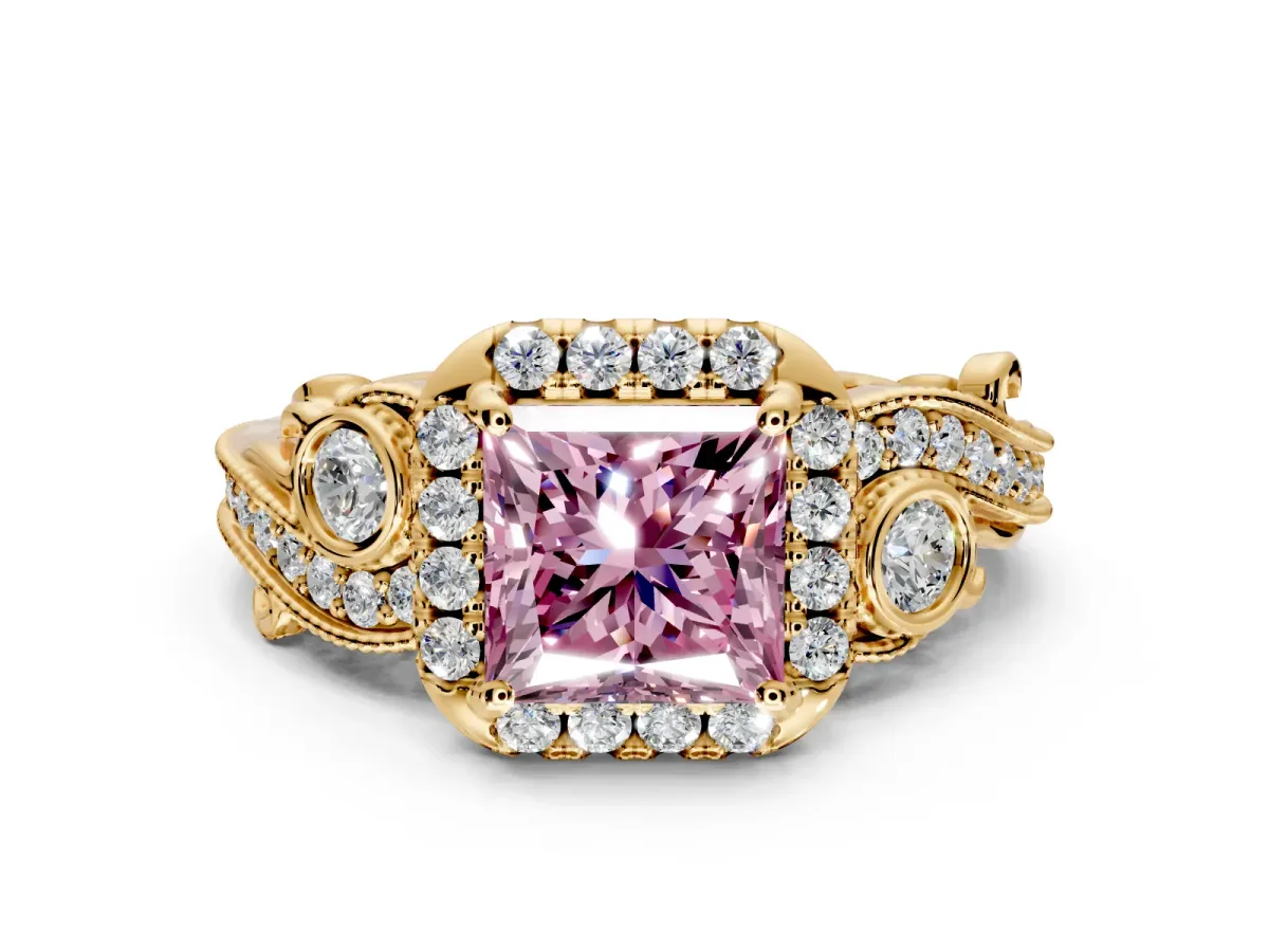 Bypass Halo Engagement Ring Setting for Fancy Pink Princess Cut Center with Bezel Accents, Milgrain and Prong Head in Yellow Gold
