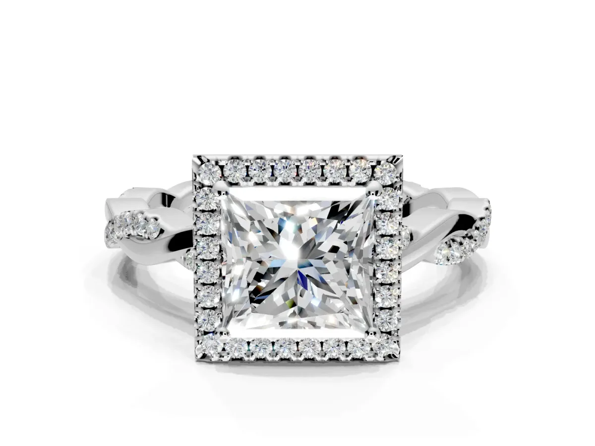 Halo Engagement Ring Setting for Princess Cut Center with Pave and Plain Twist Band and Prong Head in Platinum