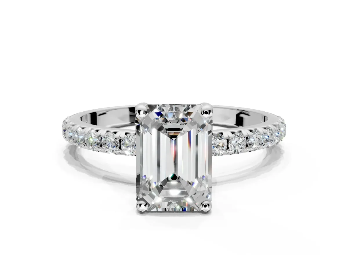 Solitaire Engagement Ring Setting for Emerald Cut Center with Micro Pave Band and Prong Head in Sterling Silver