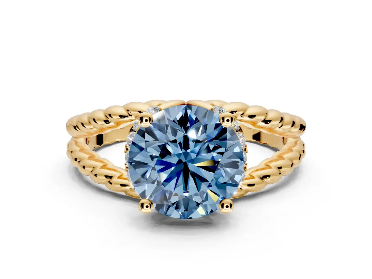 Halo Engagement Ring Setting for Fancy Blue Round Cut Center with Rope Twist Split Shank and Prong Head in Yellow Gold