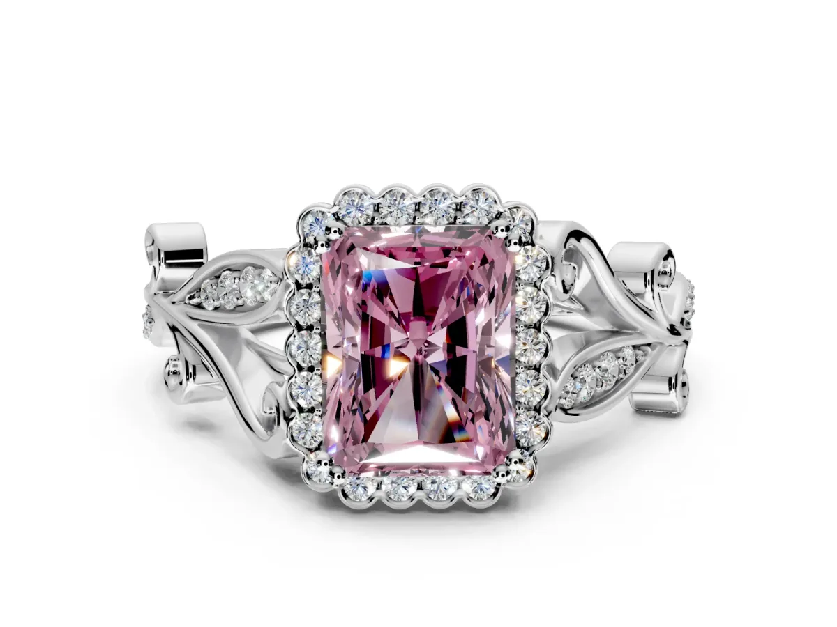 Halo Engagement Ring Setting for Fancy Pink Radiant Cut Center with Leaf Motif Split Shank and Prong Head in Platinum