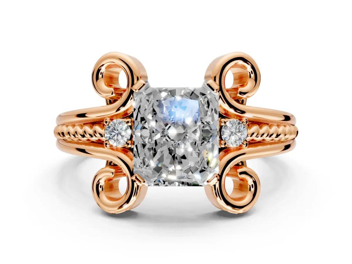 Solitaire Engagement Ring Setting for Radiant Cut Center with Twisted Band and Scroll Prong Head in Rose Gold