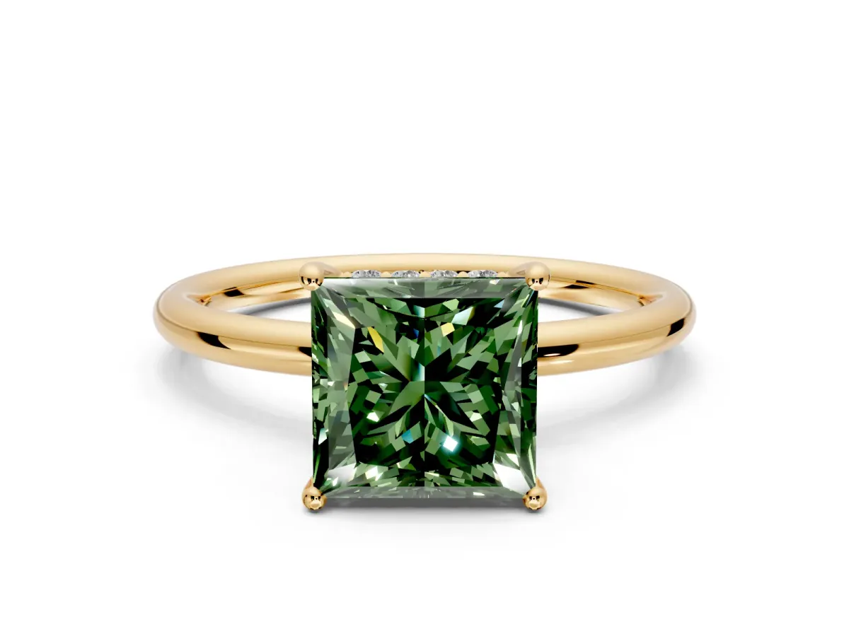Solitaire Engagement Ring Setting for Fancy Green Princess Cut Center with Plain Band, Open Basket and Prong Head in Yellow Gold