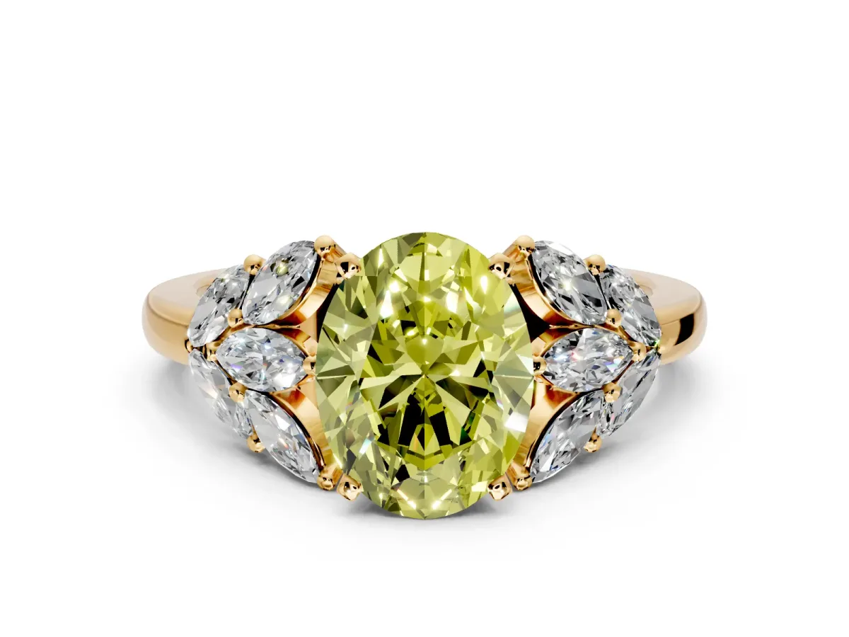Leaf Cluster Engagement Ring Setting for Fancy Yellow Oval Center with Marquise Accents and Prong Head in Yellow Gold