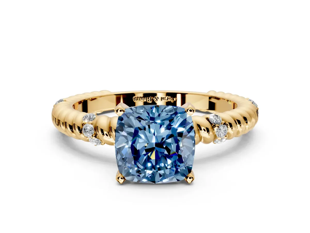 Rope Engagement Ring Setting for Fancy Blue Cushion Cut Center with Accent Shoulders and Prong Head in Yellow Gold