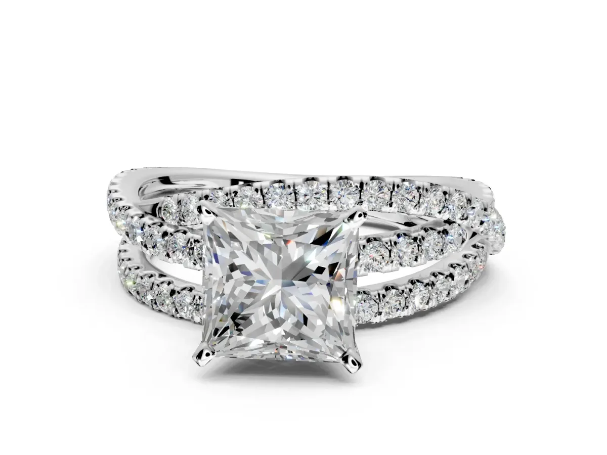 Solitaire Engagement Ring Setting for Princess Cut Center with Woven 3-Strand Pave Band and Prong Head in Sterling Silver