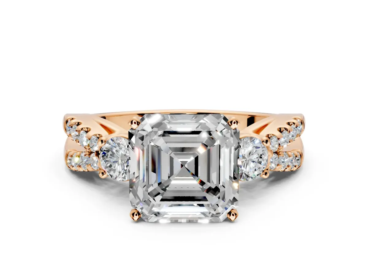 3 Stone Engagement Ring Setting for Asscher Cut Center with Pave Split Shank and Prong Head in Rose Gold