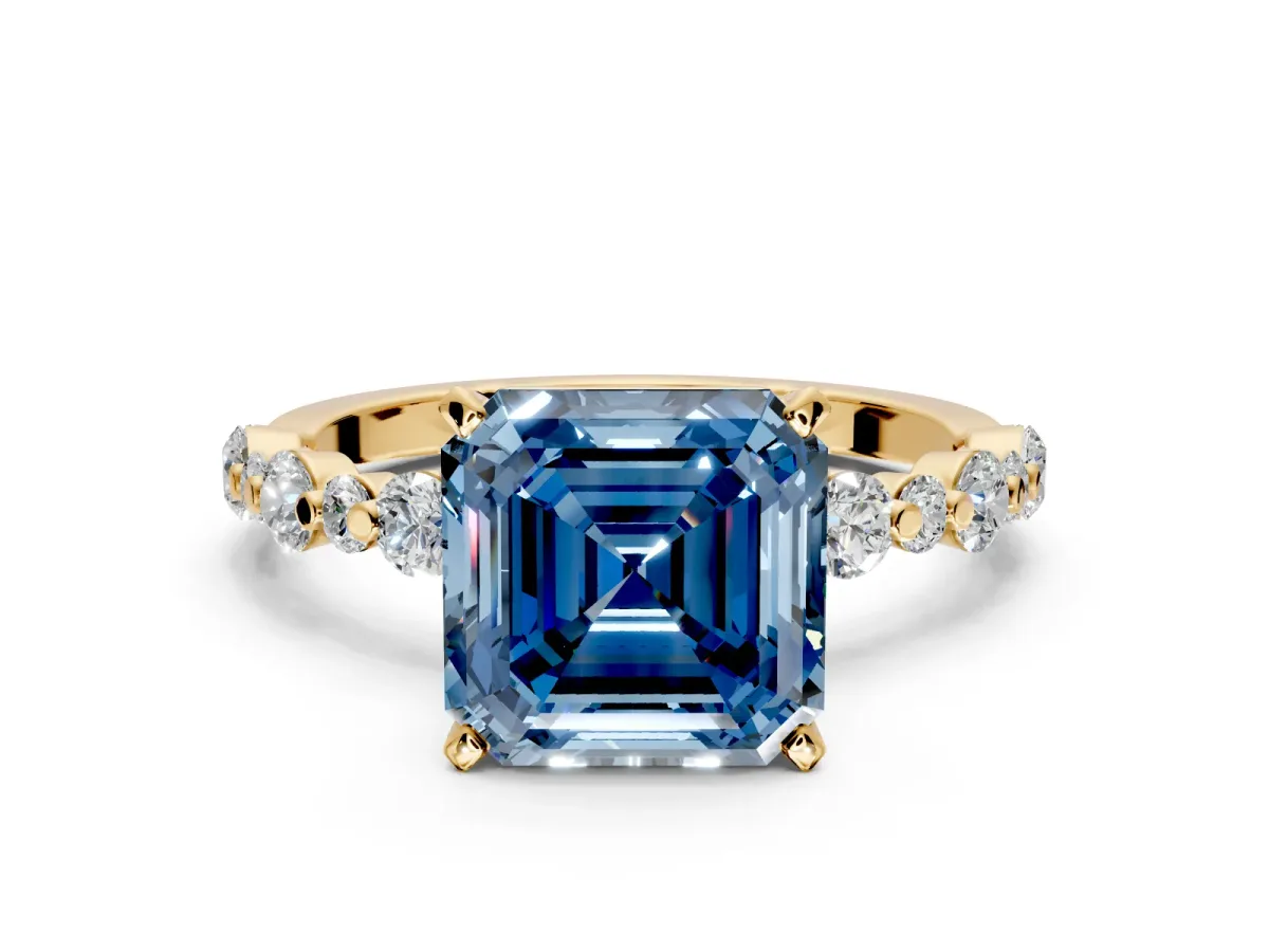 Solitaire Engagement Ring Setting for Fancy Blue Asscher Cut Center with Alternating Size Accents and Prong Head in Yellow Gold