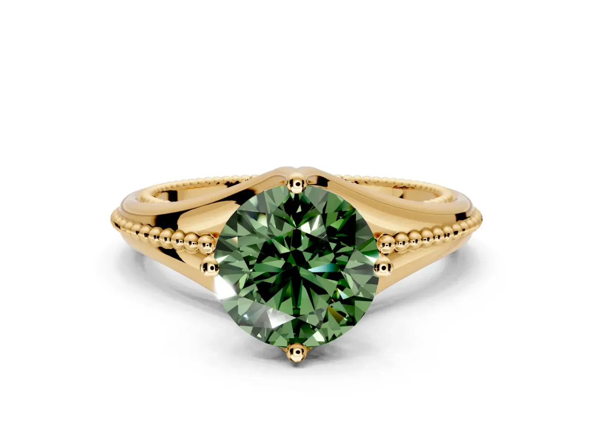 Solitaire Engagement Ring Setting for Fancy Green Round Cut Center with Milgrain Cathedral Band and Prong Head in Yellow Gold