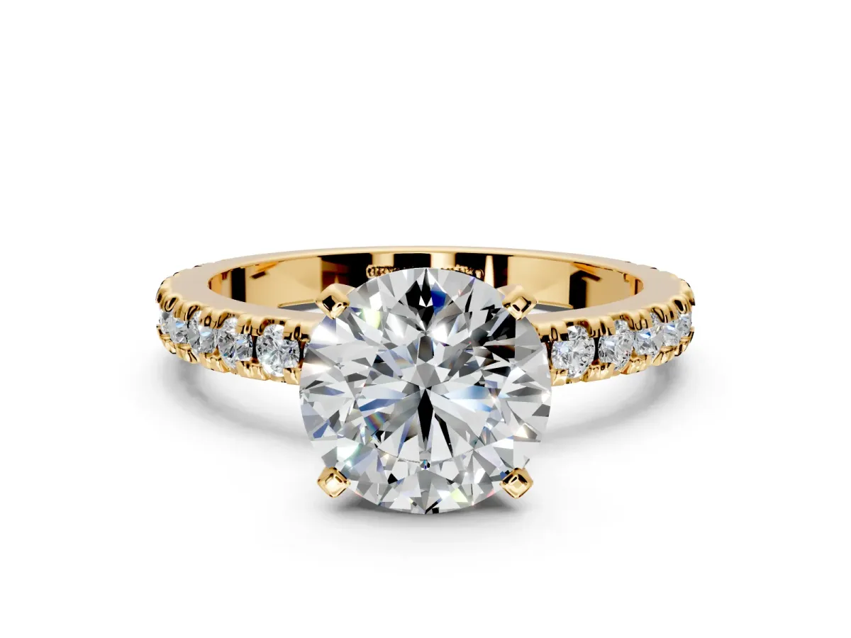 Solitaire Engagement Ring Setting for Round Cut Center with Fine Pave Band and Claw Prong Head in Yellow Gold