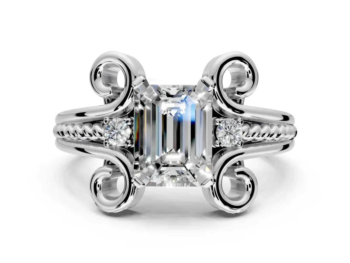 Solitaire Engagement Ring Setting for Emerald Cut Center with Twisted Band and Scroll Prong Head in Platinum