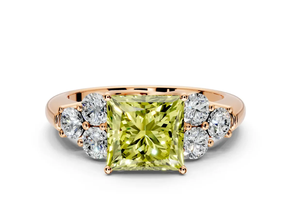 Cluster Engagement Ring Setting for Fancy Yellow Princess Cut Center with Round Cut Accent Frame and Prong Head in Rose Gold