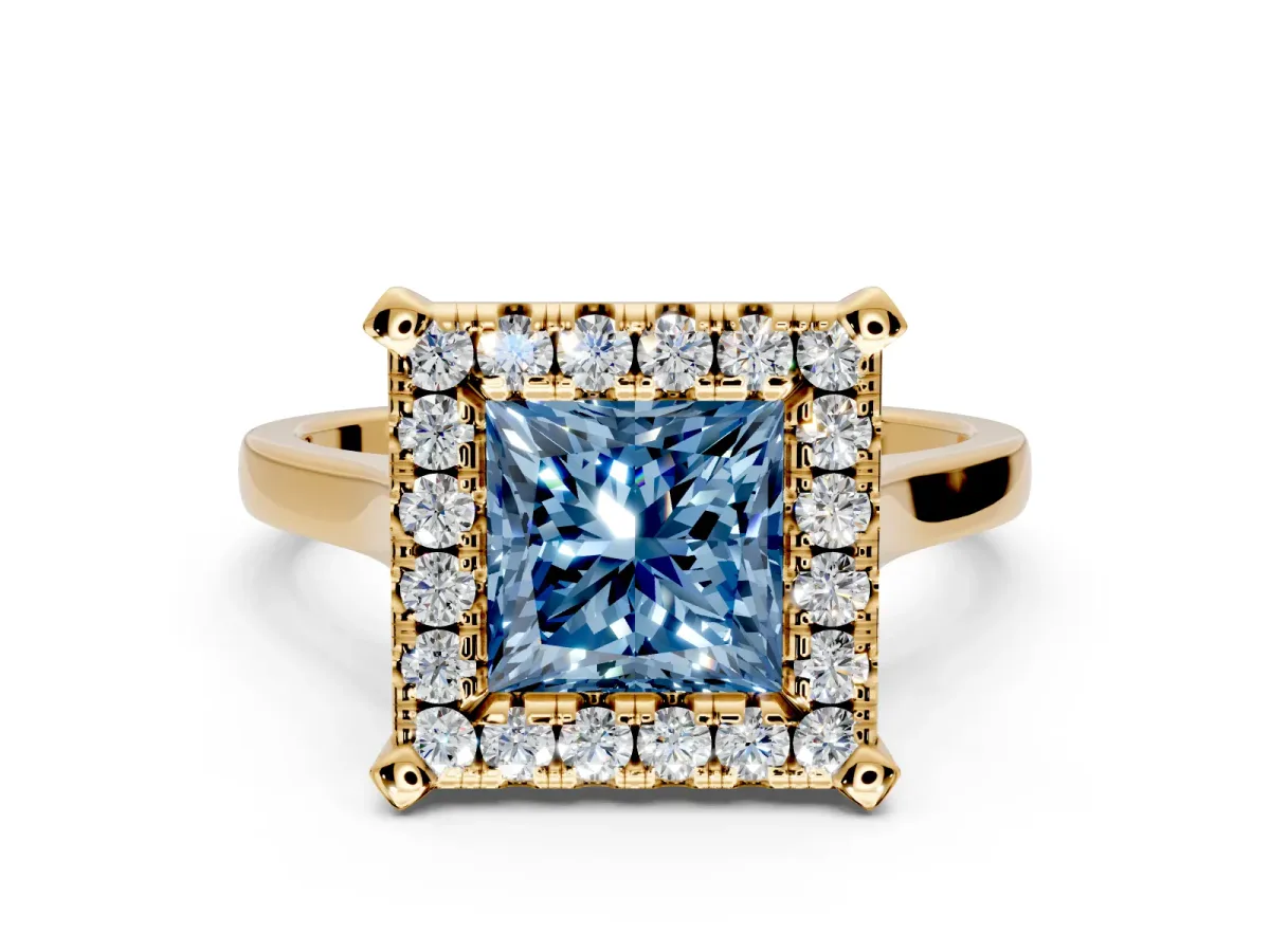 Single Halo Engagement Ring Setting for Fancy Blue Princess Cut Center with Corner Claws, Plain Band and Prong Head in Yellow Gold
