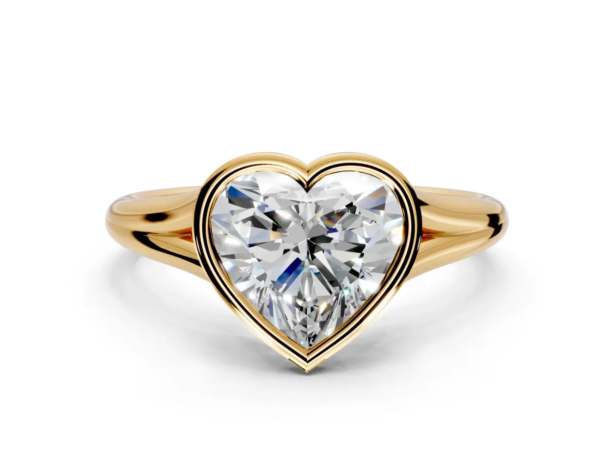 Solitaire Engagement Ring Setting for Heart-Shaped Center with V Split Shank and Bezel Head in Yellow Gold