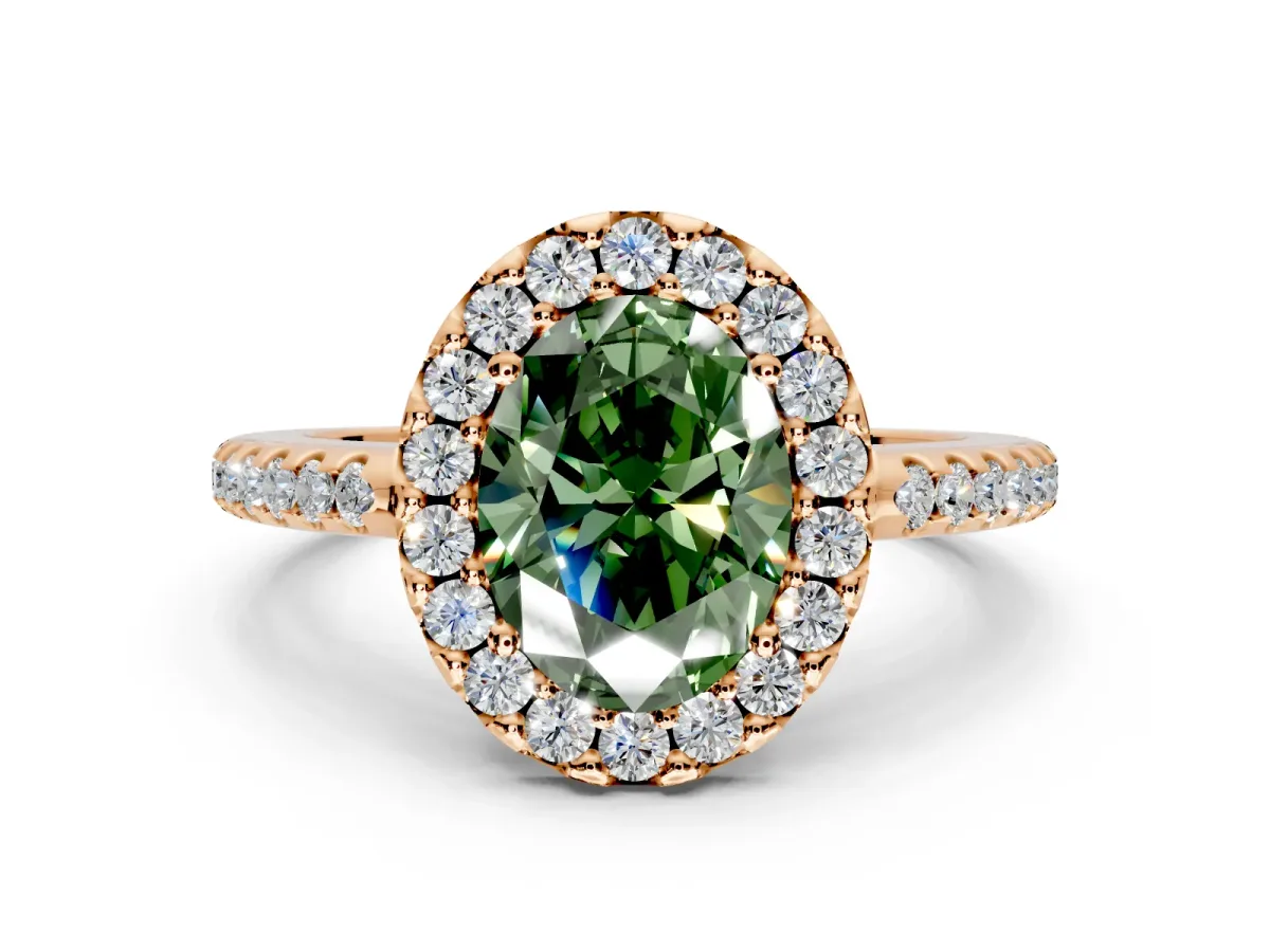 Pave Halo Engagement Ring Setting for Fancy Green Oval Center with Single Row Pave Band and Prong Head in Rose Gold