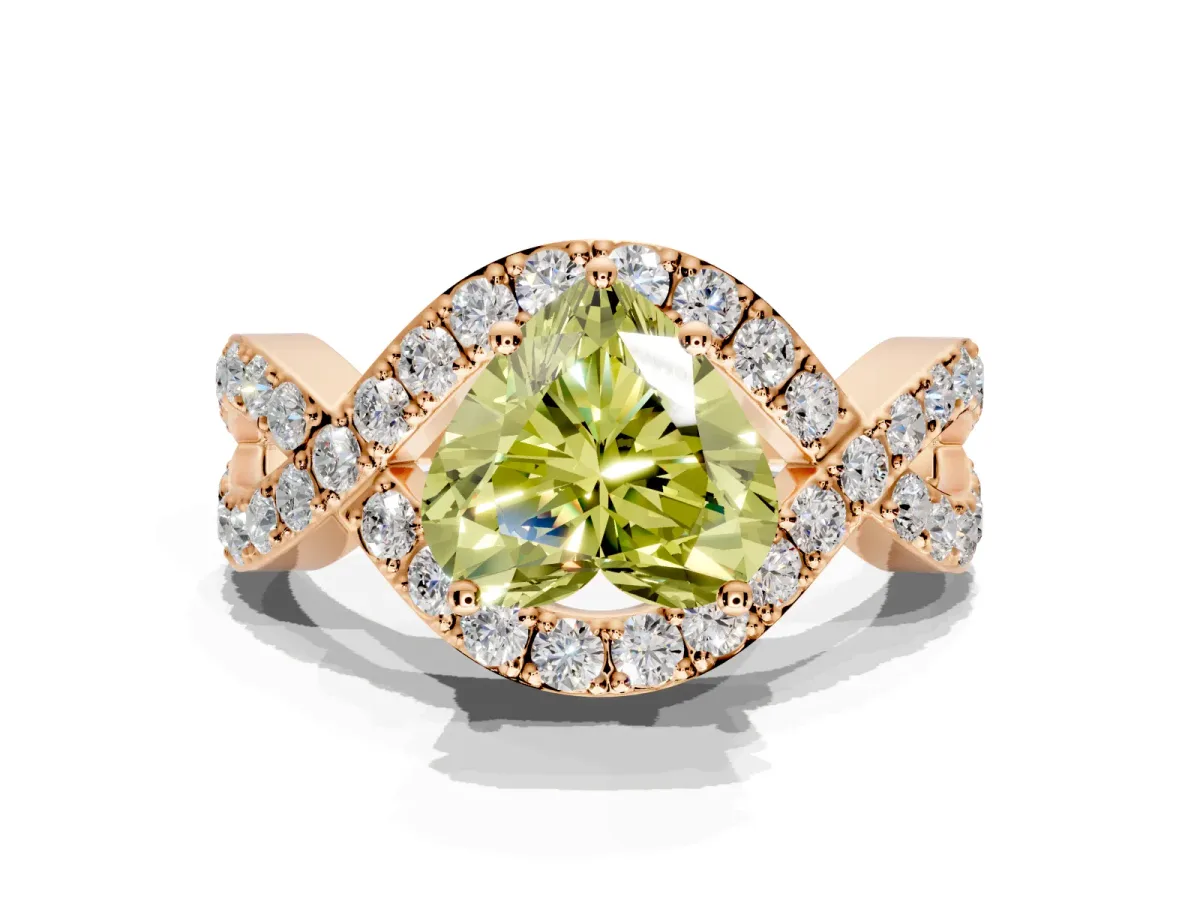 Halo Engagement Ring Setting for Fancy Yellow Heart-Shaped Center with Pave Infinity Twist Band and Prong Head in Rose Gold