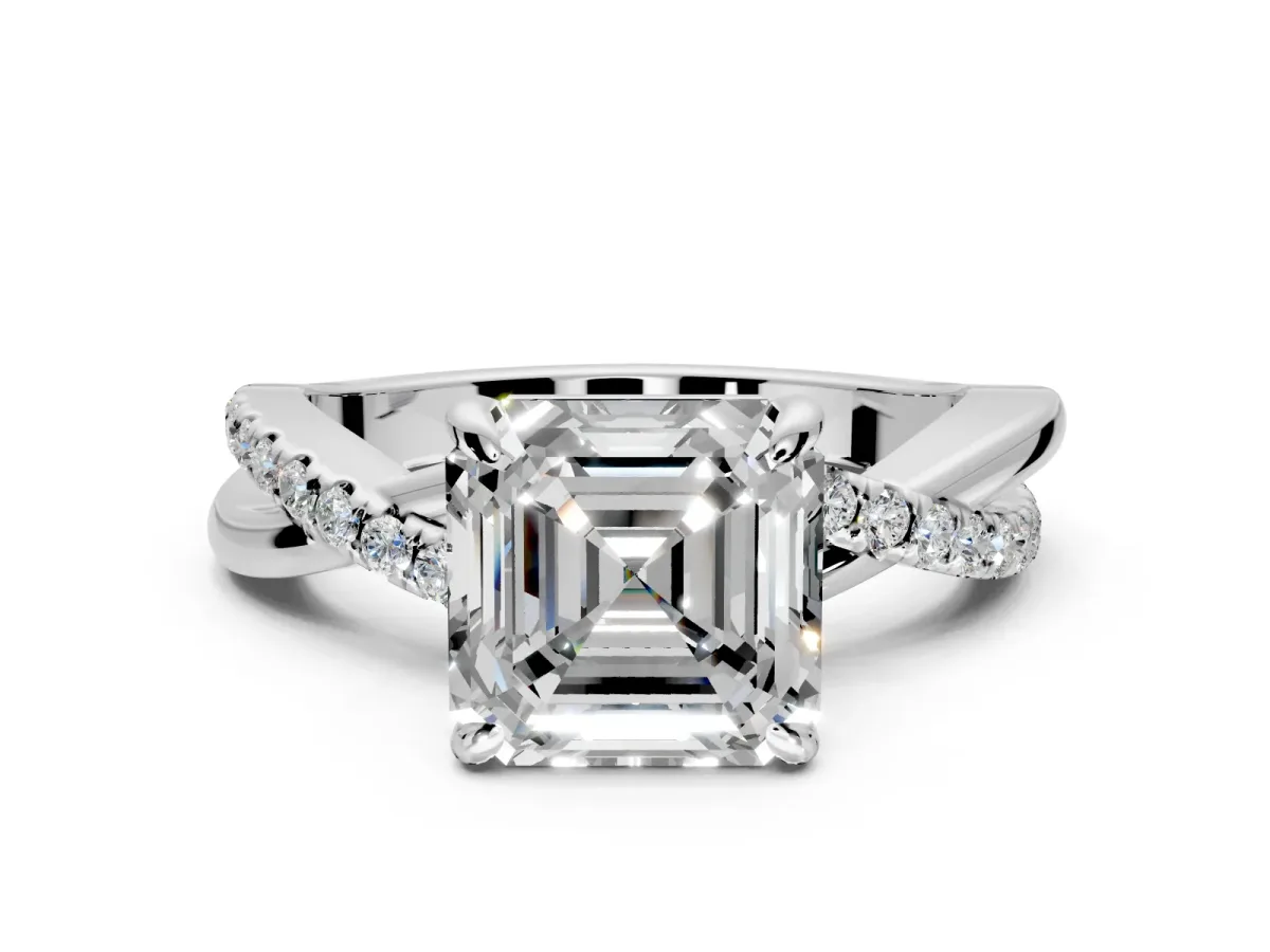 Solitaire Engagement Ring Setting for Asscher Cut Center with Half-Pave Crossover Band and Prong Head in Sterling Silver