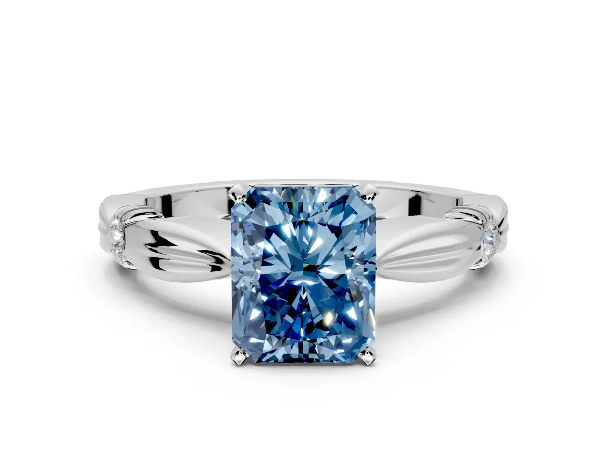 Solitaire Engagement Ring Setting for Fancy Blue Radiant Cut Center with Carved Leaf Shoulders and Prong Head in Sterling Silver