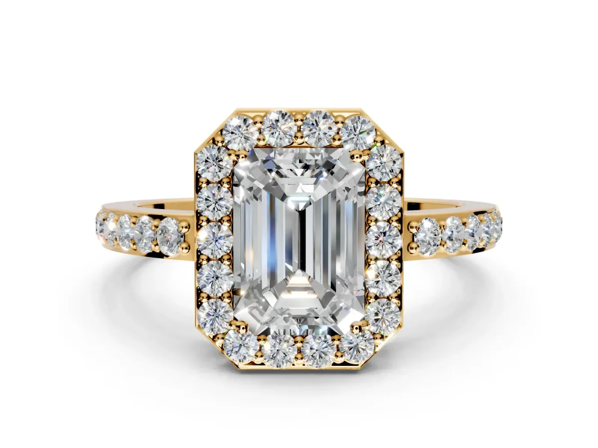 Halo Engagement Ring Setting for Emerald Cut Center with Heart-Shaped Openwork, Pave Band and Prong Head in Yellow Gold