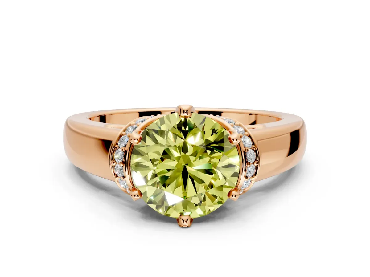 Solitaire Engagement Ring Setting for Fancy Yellow Round Cut Center with Wide Band, Pave Collar and Prong Head in Rose Gold