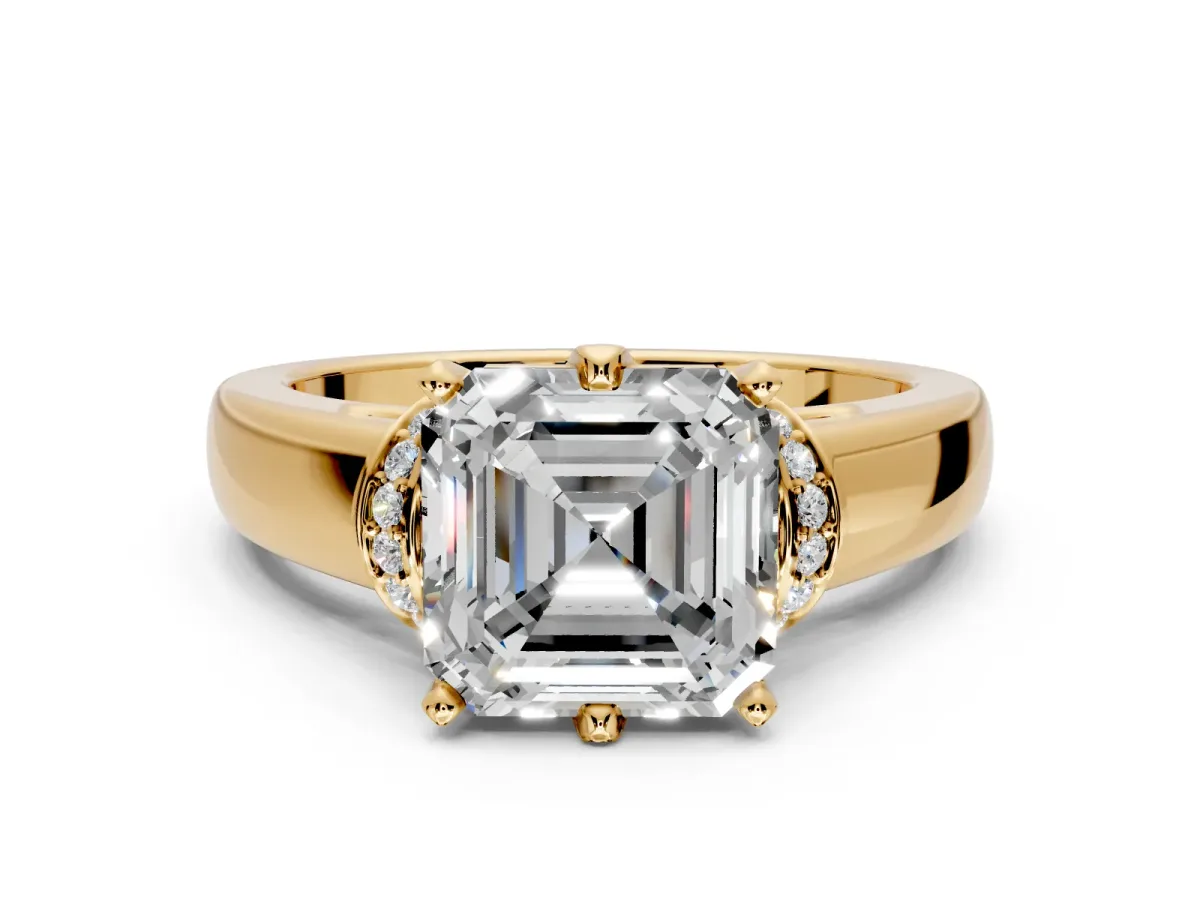 Solitaire Engagement Ring Setting for Asscher Cut Center with Wide Band, Pave Collar and Prong Head in Yellow Gold