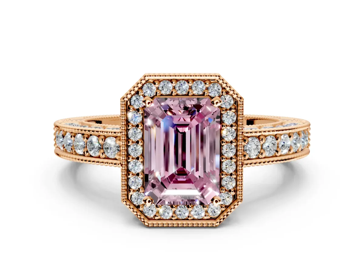 Milgrain Halo Engagement Ring Setting for Fancy Pink Emerald Cut Center with Wide Pave Band and Prong Head in Rose Gold
