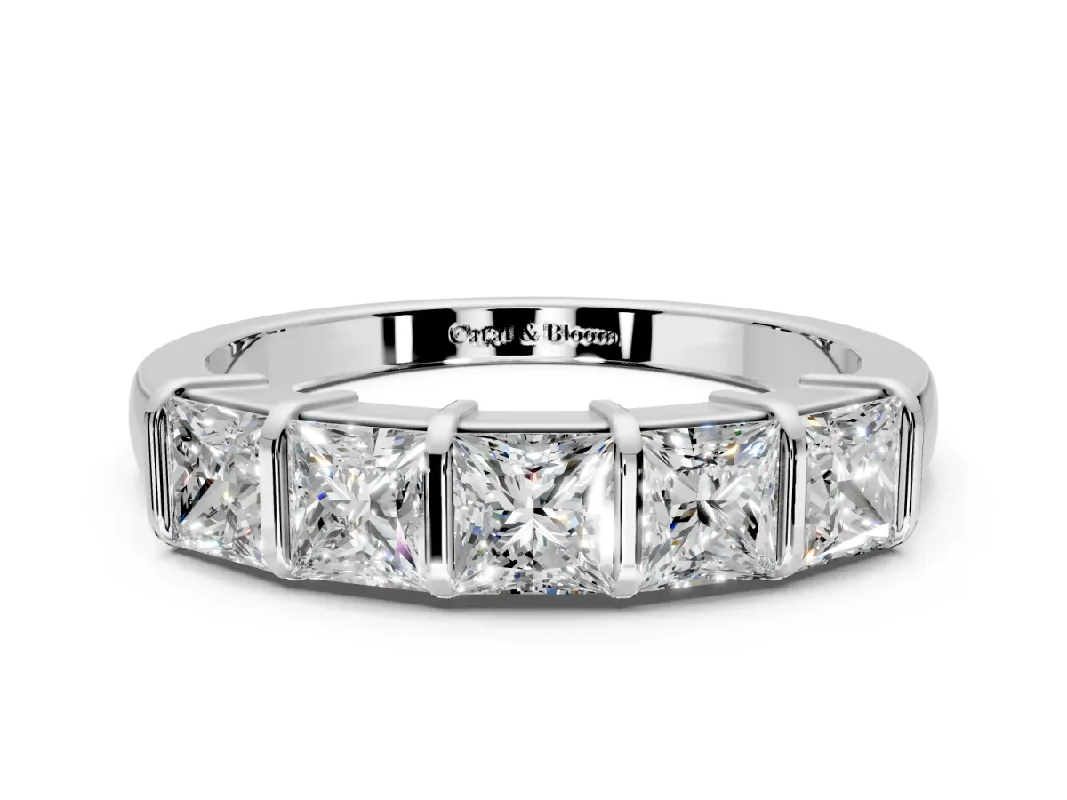 Princess Cut Lab-Grown Diamond 5 Stone Channel Wedding Band with Bar Prongs in Sterling Silver