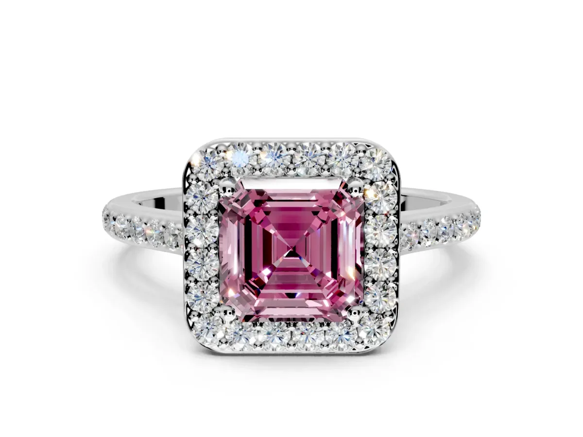 Halo Engagement Ring Setting for Fancy Pink Asscher Cut Center with Pave Accents, Heart Basket and Prong Head in Platinum
