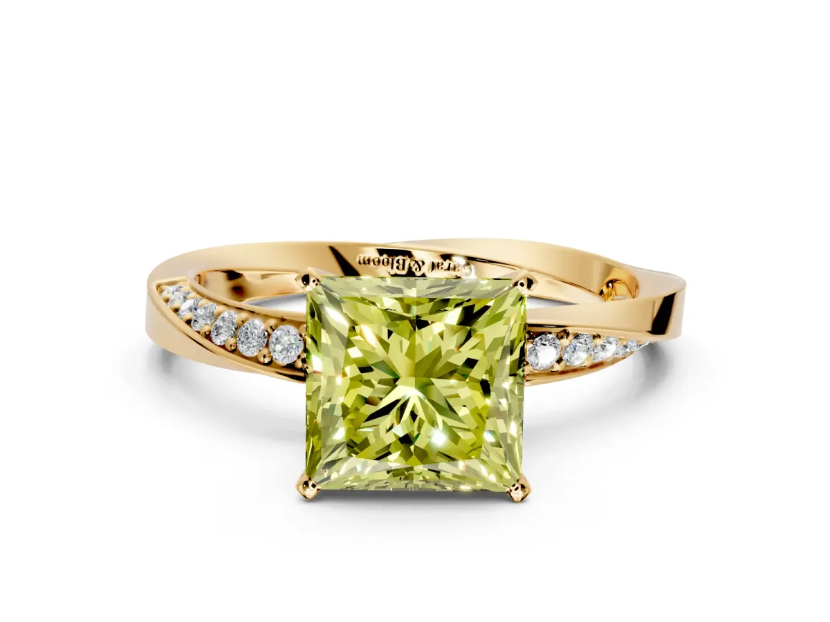 Side Accent Engagement Ring Setting for Fancy Yellow Princess Cut Center with Accent Shoulders and Prong Head in Yellow Gold