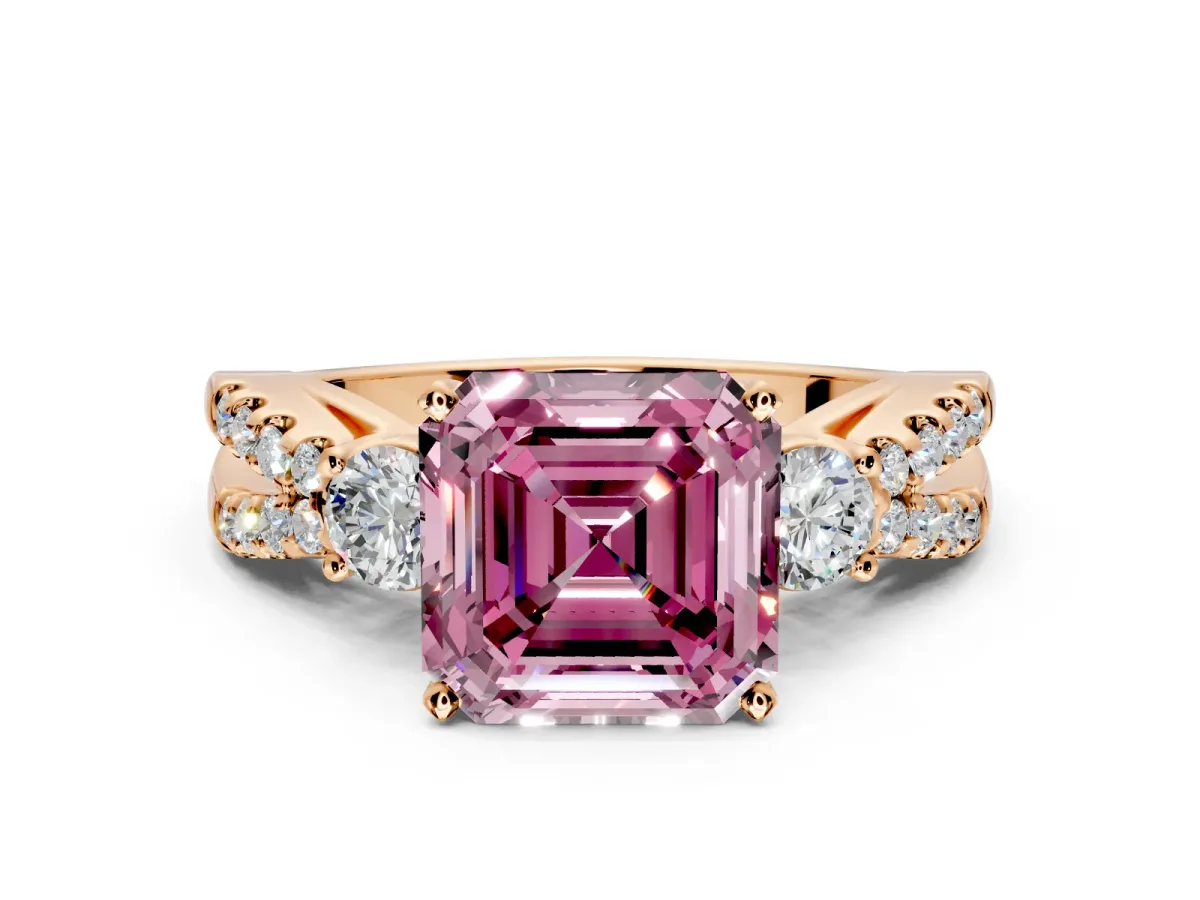 3 Stone Engagement Ring Setting for Fancy Pink Asscher Cut Center with Pave Split Shank and Prong Head in Rose Gold