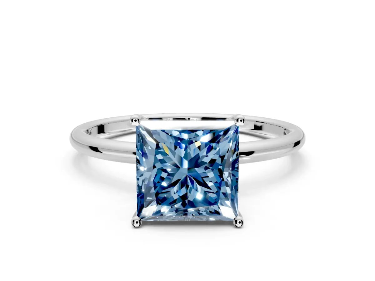 Solitaire Engagement Ring Setting for Fancy Blue Princess Cut Center with Straight Thin Band and Prong Head in Sterling Silver