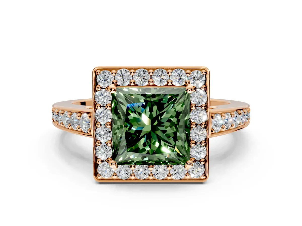 Bezel-Framed Halo Engagement Ring Setting for Fancy Green Princess Cut Center with Pave Band and Prong Head in Rose Gold