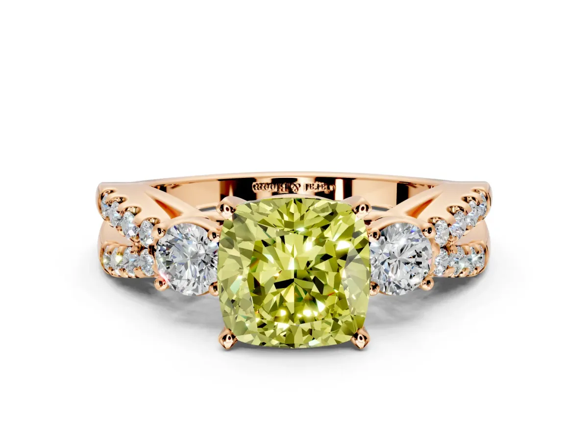 3 Stone Engagement Ring Setting for Fancy Yellow Cushion Cut Center with Pave Split Shank and Prong Head in Rose Gold