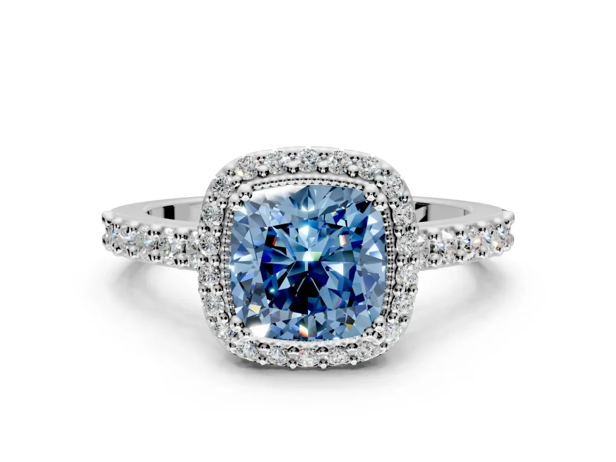 Halo Engagement Ring Setting for Fancy Blue Cushion Cut Center with Inner Milgrain Border and Prong Head in White Gold