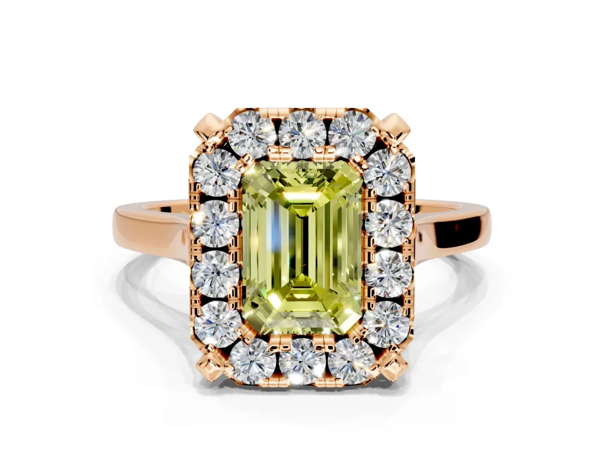 Single Halo Engagement Ring Setting for Fancy Yellow Emerald Cut Center with Corner Claws, Plain Band and Prong Head in Rose Gold