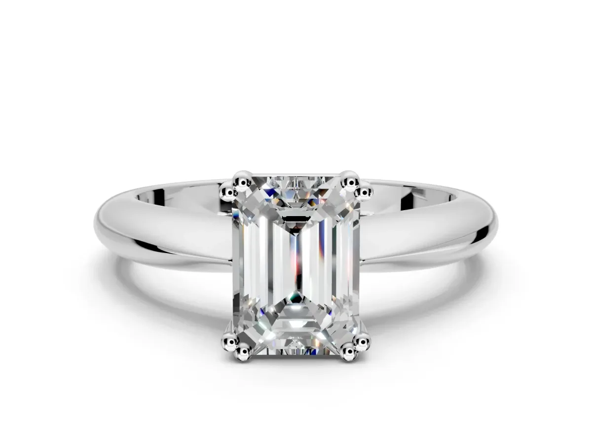 Solitaire Engagement Ring Setting for Emerald Cut Center with Reverse Tapered Band and Prong Head in Platinum