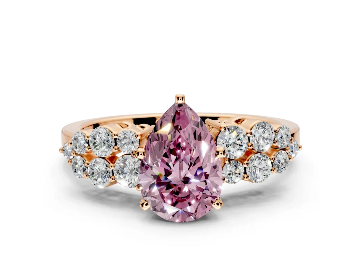 Cluster Engagement Ring Setting for Fancy Pink Pear-Shaped Center with 2-Row Shoulder Clusters and Prong Head in Rose Gold