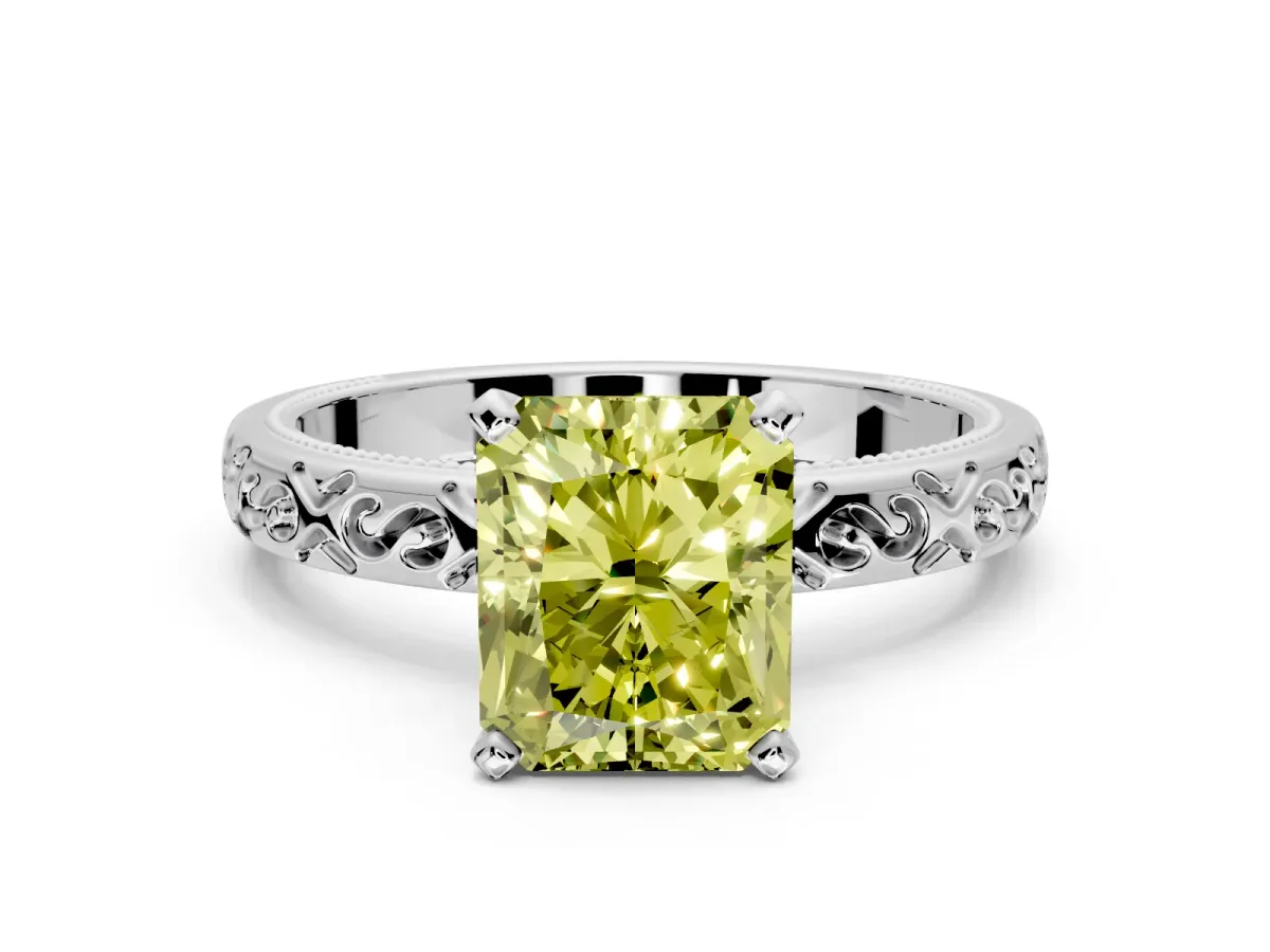 Solitaire Engagement Ring Setting for Fancy Yellow Radiant Cut Center with Scrollwork Band and Prong Head in White Gold