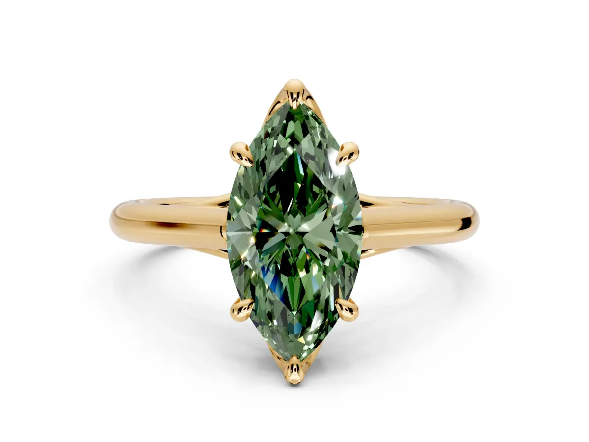 Solitaire Engagement Ring Setting for Fancy Green Marquise Center with Cathedral Band and Prong Head in Yellow Gold